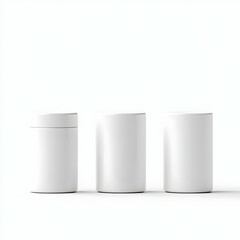 Three White Cosmetic Jars Stand on a White Background in a Simple, Clean Arrangement.