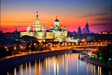 Obraz premium Illuminated Cathedral and Cityscape Reflect in River at Sunset Beautifully