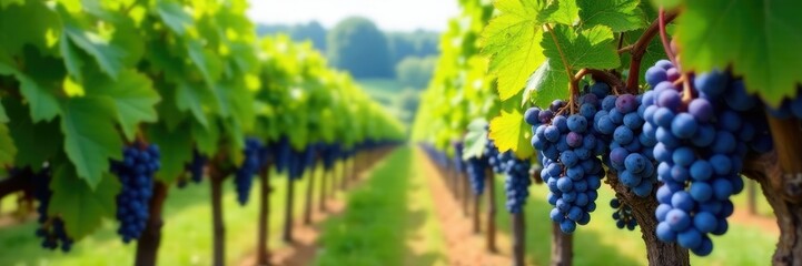 Vineyard rows heavy with clusters of ripe purple grapes hanging from the vines, land, farm, greenery