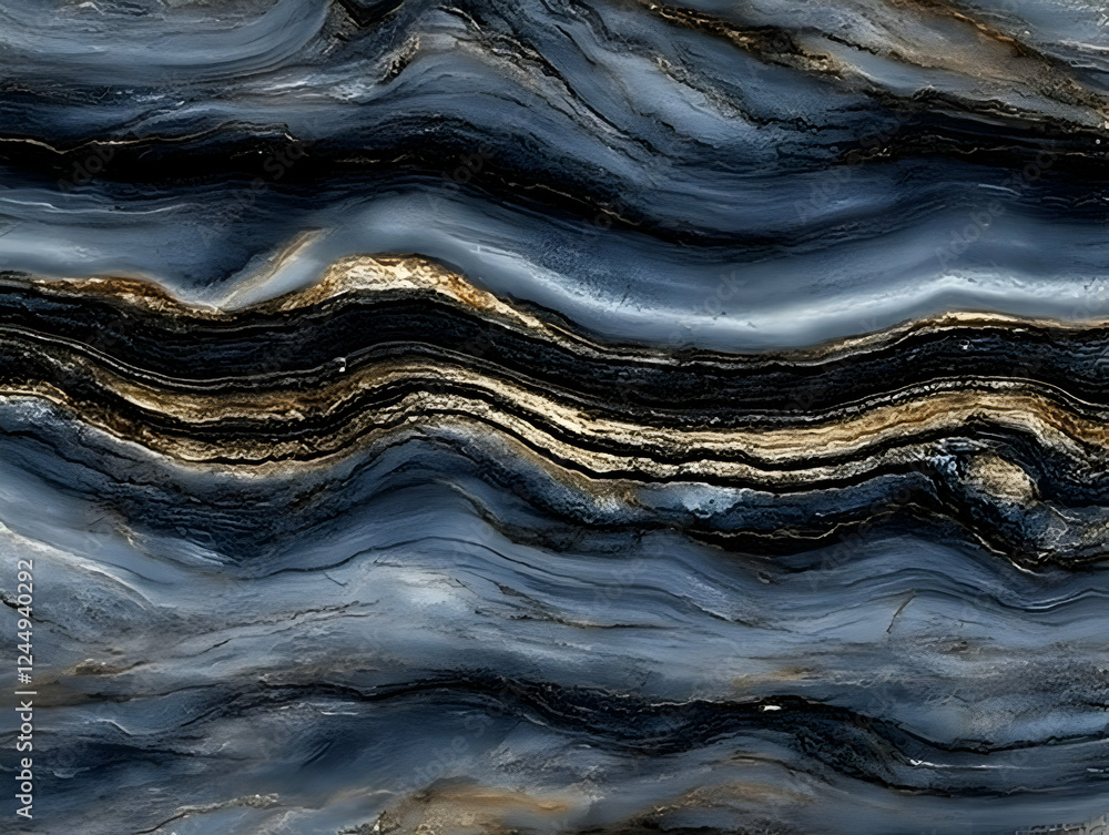 Poster abstract background displays wavy layers of blue, black, and gold with subtle texture, creating an e