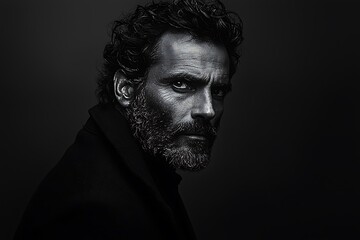 Portrait of a man in black clothes on a monochromatic background, showcasing a minimalistic yet intense character study.
