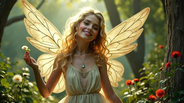 Enchanted Forest Fairy: A whimsical portrait of a beautiful blonde fairy amidst blooming flowers and lush greenery.