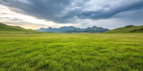 Fototapeta premium Vast Green Meadow Under Dramatic Mountain Sky
