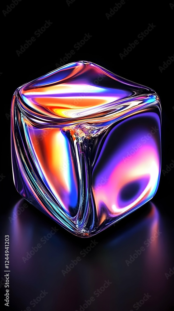 Aufkleber 3d render of an iridescent cube glows with vibrant colors on dark background