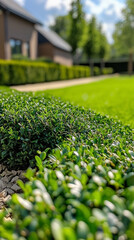 Lush green lawn with trimmed hedges and a stone path leading to a building on a sunny day