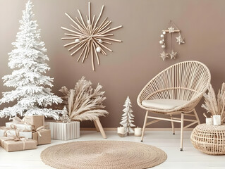 Obraz premium Cozy Christmas Interior Design showcases a white Christmas tree, gifts, and natural decorations.