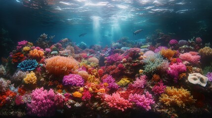 Vibrant coral reef teeming with marine life under sunlit water.