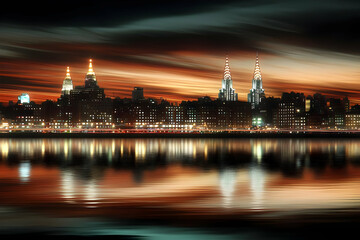 Obraz premium City Skyline Reflects Beautifully on Water at Night with Streaking Orange Clouds