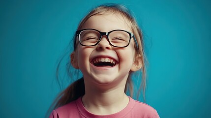Fototapeta premium Closeup Portrait of Funny Cute Little Girl in Glasses Laughing at Camera, Posing Over Blue Background in Studio. Perfect for Adorable and Humorous Themes