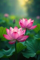 Blooming lotus flowers in soft light with rain, floral, mystical