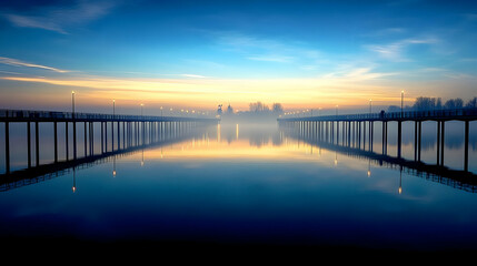 Fototapeta premium Long Pier Stretches Across Calm Water at Sunrise with Fog Gently Rising