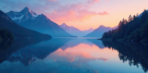 Fototapeta premium Blue gradient overlay on a serene mountain lake at sunrise, nature, serene