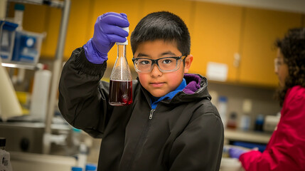 Child in Science Laboratory Holding Flask
