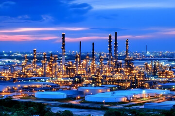Obraz premium Oil Refinery Plant Illuminates the Night Sky with Industrial Grandeur and Efficiency at Dusk