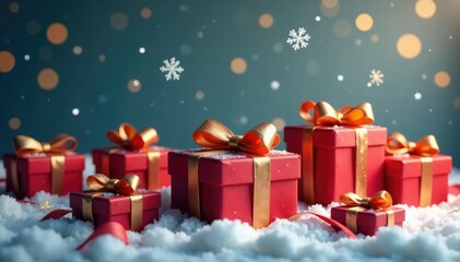 Obraz premium Delicate snowflakes float amidst elegant gift boxes adorned with golden ribbons, box gift, decorative gift box, red ribbon