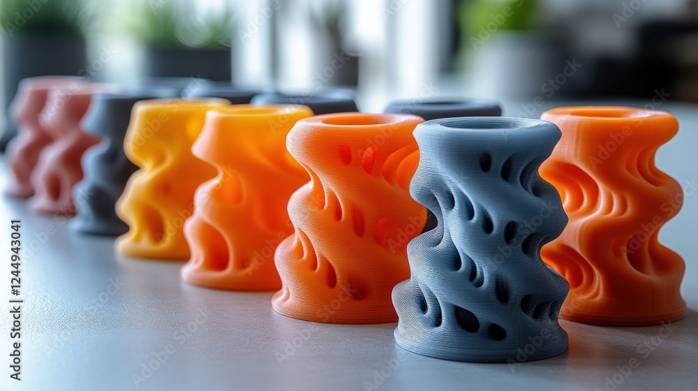 Poster colorful silicone vases in various shapes arranged on a table with a blurred background
