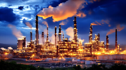 Obraz premium Industrial Plant Illuminates the Night Sky with Towers and Smoke Plumes Under Dramatic Clouds