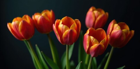 Fototapeta premium delicate tulips in shades of red and yellow against a dark background, colorful bouquet, , floral