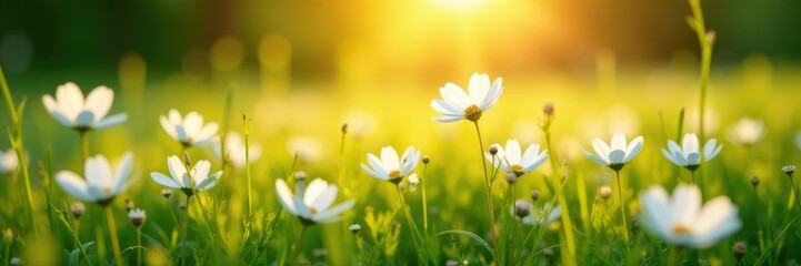 delicate white cosmos flowers in a lush green meadow at sunrise, botanical, flowers, morning light