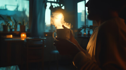 A cozy evening scene featuring a person holding a steaming cup of beverage, surrounded by soft candlelight and indoor plants, creating a calm and inviting atmosphere.