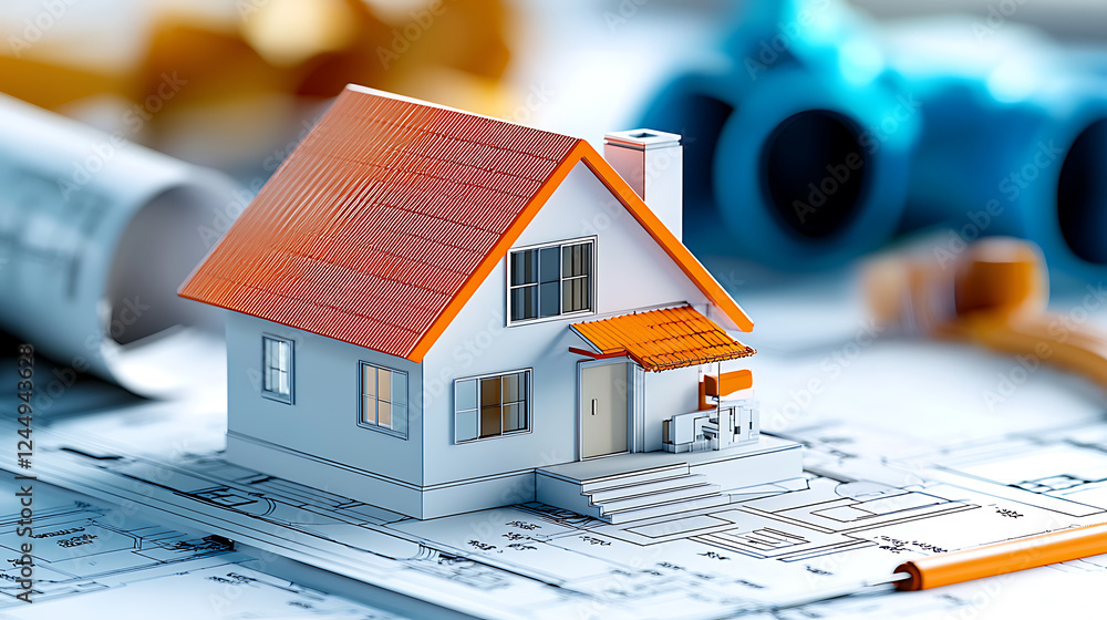 Poster building dreams model house on architectural blueprints home design creative workspace modern close-