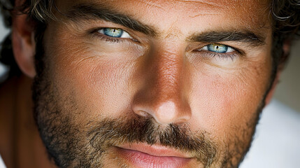 Obraz premium Close-up portrait, man's intense gaze, outdoor lighting, website header