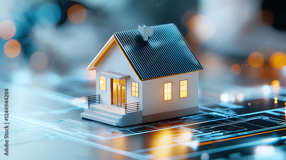 Poster house model on blueprint digital design studio 3d visualization modern environment close-up architec