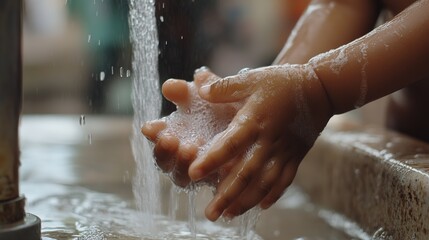 Fototapeta premium Close-Up View of Young Child Washing Hands. Perfect for Hygiene and Health Themes