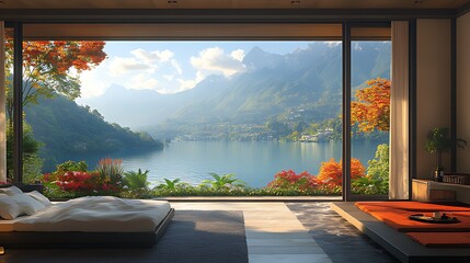 Fototapeta premium Autumn Lake View Bedroom Design