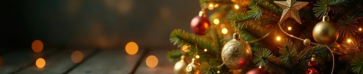 Gold Christmas tree with stars and ornaments hung around the branches, golden garlands, festive atmosphere