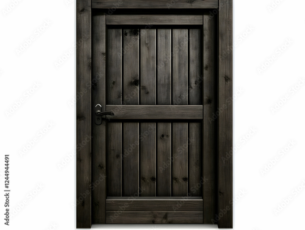 Poster dark wooden door stands tall and imposing with a simple handle securely fastened, ready to open to n