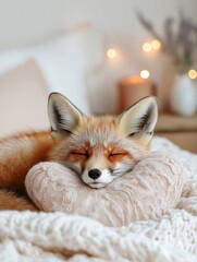 A relaxed red fox resting on a plush blanket, surrounded by soft warm lights. A tranquil and comforting Valentine’s Day ambiance.