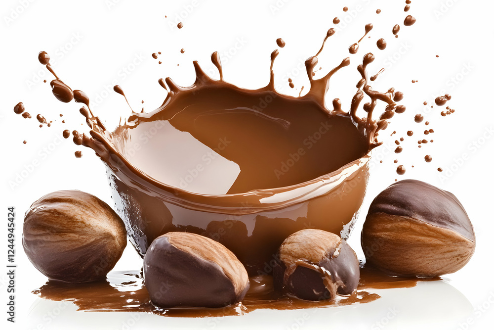 Poster liquid chocolate splashing in a bowl with nuts dynamically on a white background