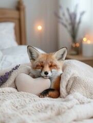 A cozy red fox peacefully sleeping, cuddling a soft heart-shaped pillow. A heartwarming Valentine’s Day scene capturing warmth and affection.