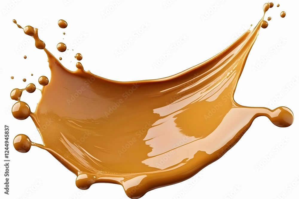 Poster dynamic caramel splash creates a visually appealing swirl on white background