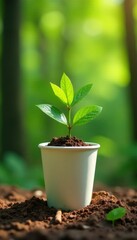 Paper cup coffee cup with plant stems and leaves on table, forest, paper cup