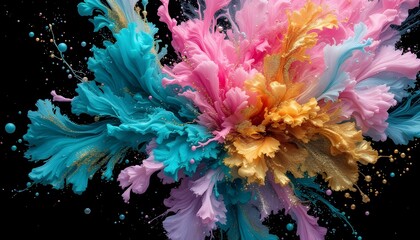 Acrylic random colors in water, showcasing a burst of pink, teal, and gold, with ink blot formations that resemble flowers. The abstract black background provides a striking contrast, making the color