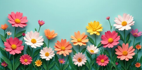 Paper cut daisies in a field of colorful blooms, colorful, botanical prints