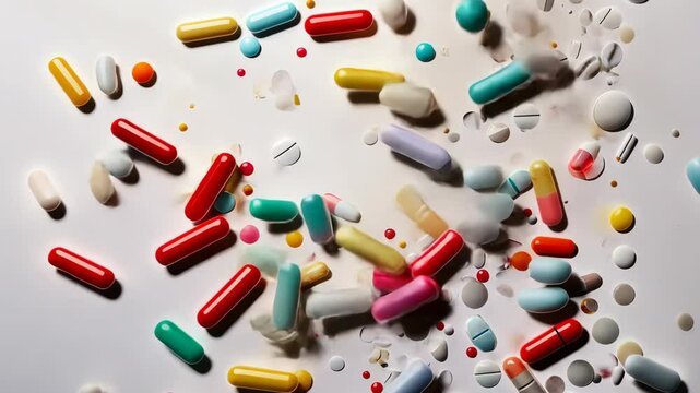 Vibrant capsules and tablets falling in dynamic motion against white background