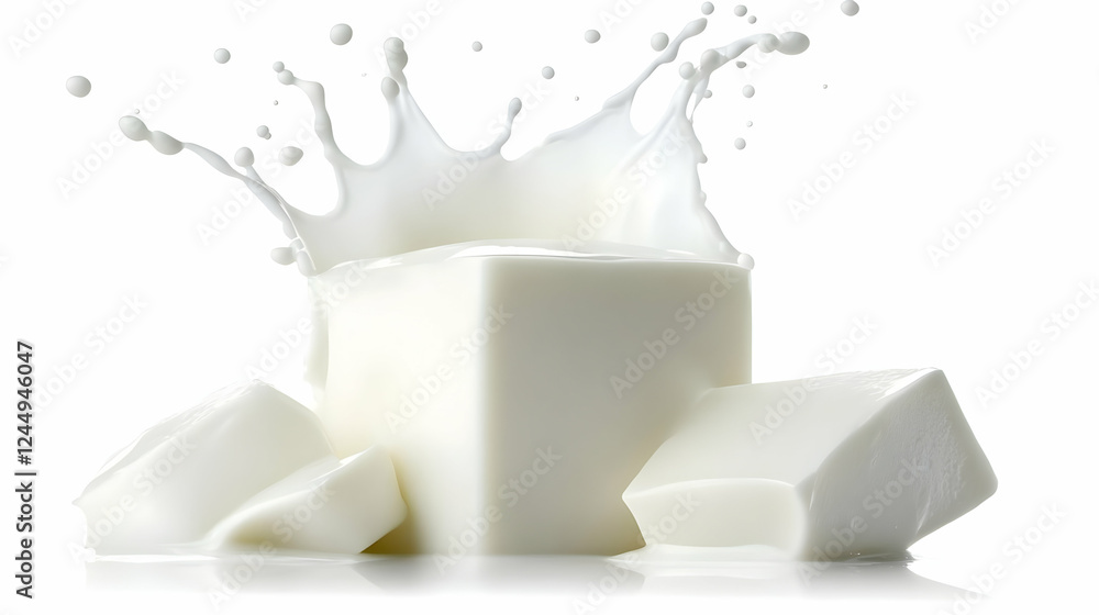 Poster milk splashing on cubic cheese blocks creates a visually striking and dynamic composition on white b