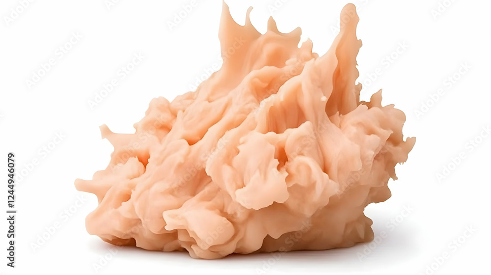 Poster peach-colored abstract substance forms with dynamic swirls and peaks on white background