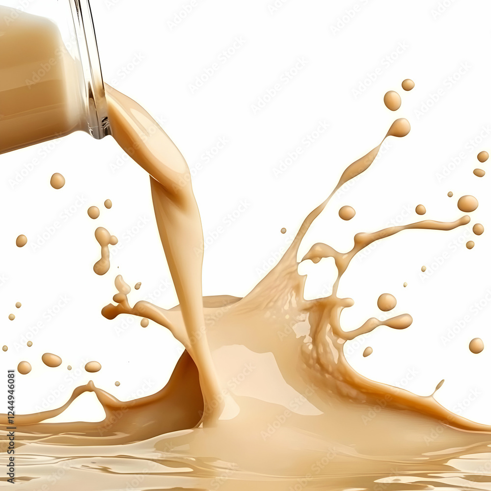 Poster creamy liquid splashing dynamically from a glass container on white background