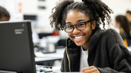 Smiling Student Using Computer in Classroom
