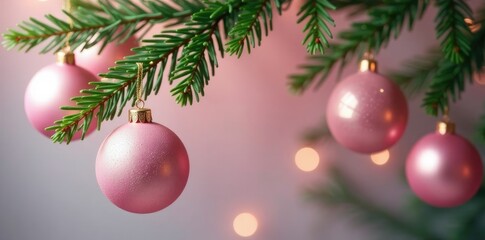 Obraz premium Pastel pink glass baubles draped over a fir tree branch, decoration, luxury