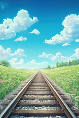 Fototapeta premium Tranquil Railway Path Through Lush Meadow Landscape