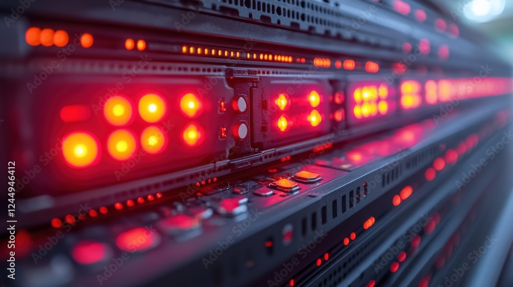 Aufkleber close-up of illuminated server racks showcasing vibrant red lights in a data center environment