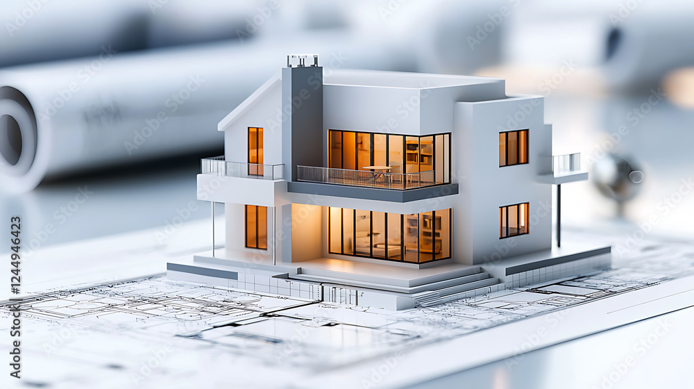 Poster architectural model of modern home on blueprint design studio 3d rendering creative space aesthetic 