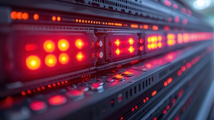 Fototapeta premium Close-up of illuminated server racks showcasing vibrant red lights in a data center environment