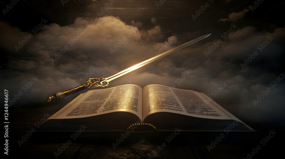 Poster a golden sword rests above an open book in a cloudy, dramatic setting with textured background.