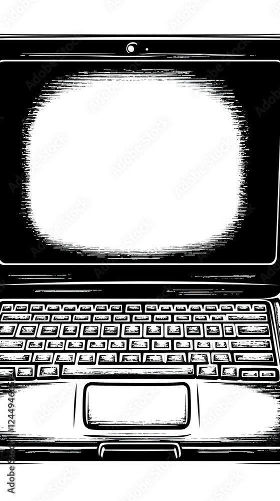 Poster open laptop with blank screen displays potential for content creation and communication.